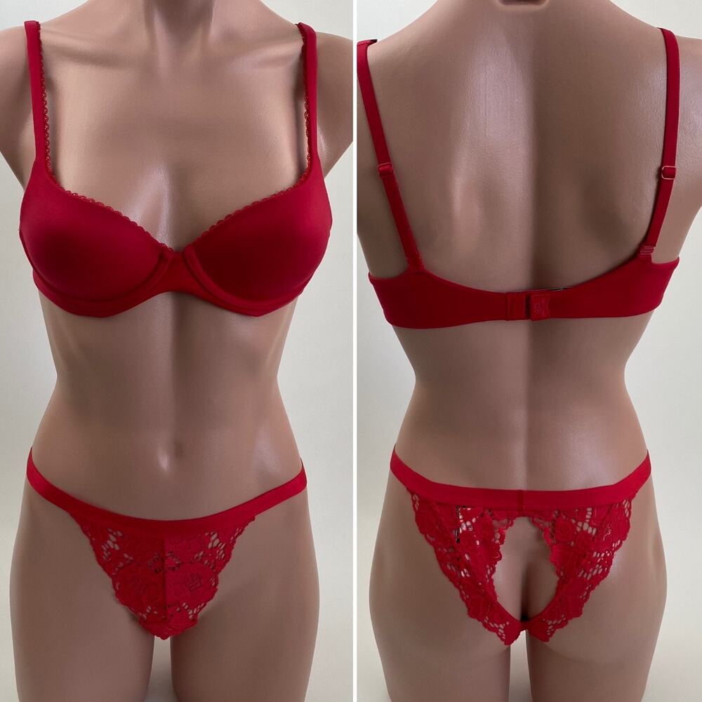 Victoria's Secret Body by Victoria Lined Demi Bra 30C Cheekini XS Red Set NWT